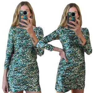 Diane Von Furstenberg Silk Long Sleeve Ruched Floral Leopard Print Mini Dress
